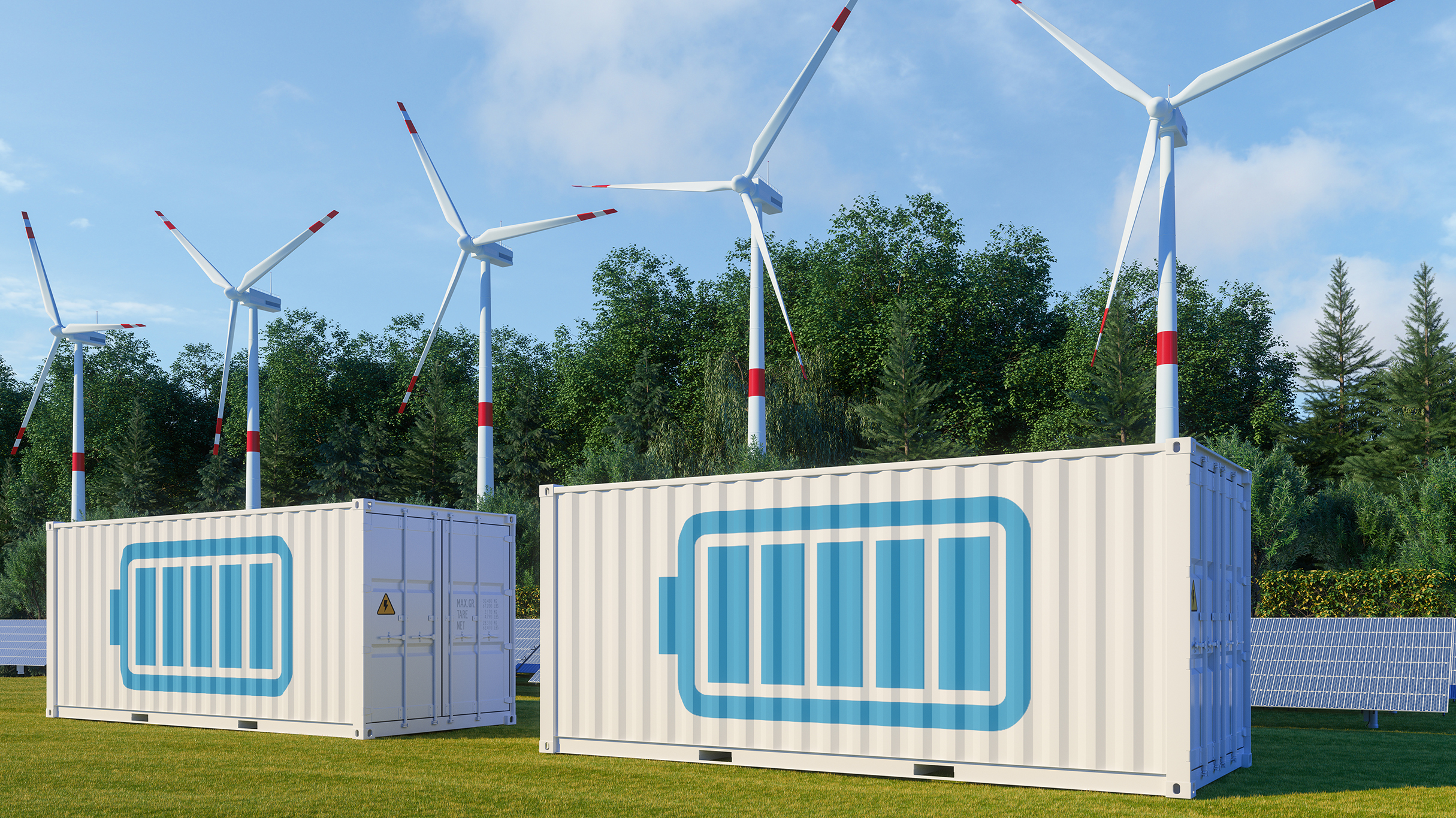 Energy storage system with solar panels and wind turbines